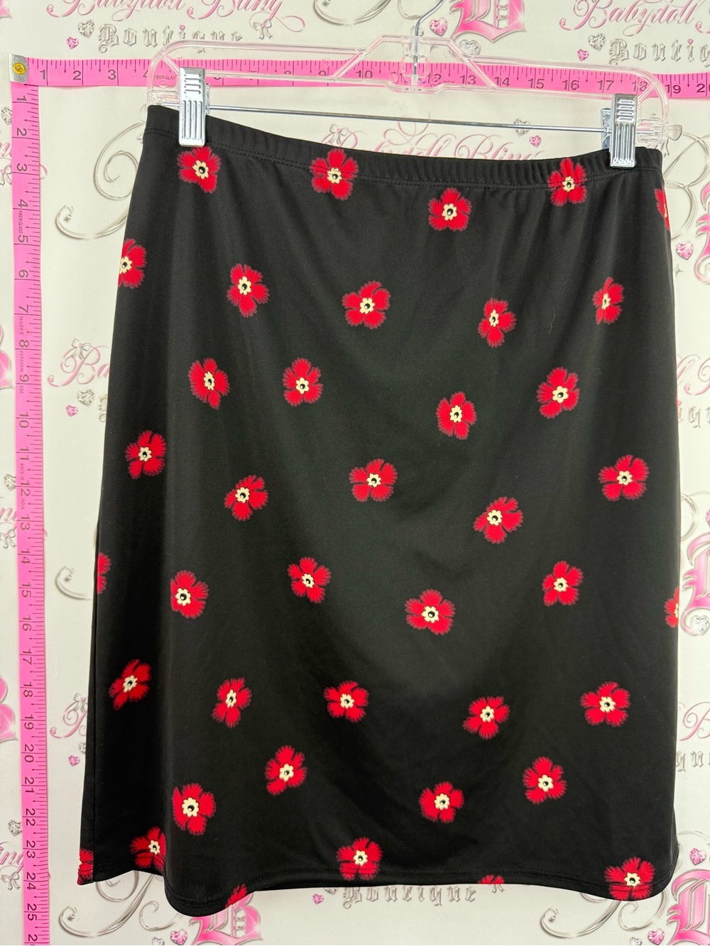 Casual Corner Black A-Line Skirt with Red Floral Print
